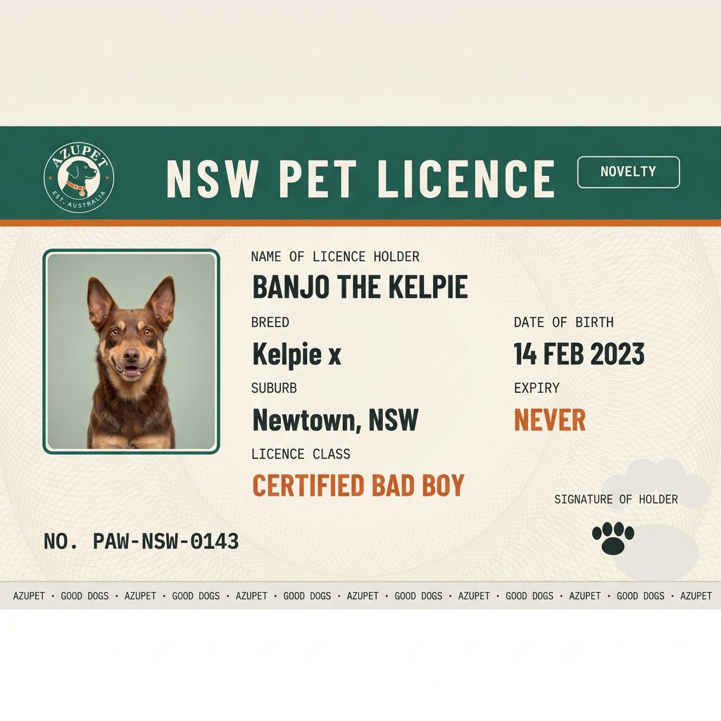 Aussie Pet Licence — NSW sample card for Banjo the Kelpie