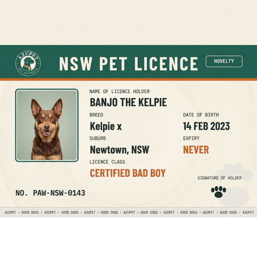 Aussie Pet Licence — NSW sample card for Banjo the Kelpie